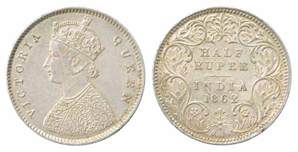 Victoria Queen, Silver ½ Rupee, 1862, Calcutta Mint, A/I, (PR 255). About uncirculated, ra