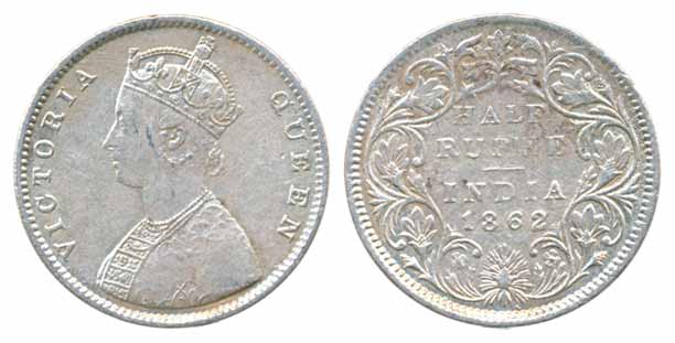 Victoria Queen, Silver ½ Rupee, 1862, Calcutta Mint, C/II, (PR 252). Very fine, rare.