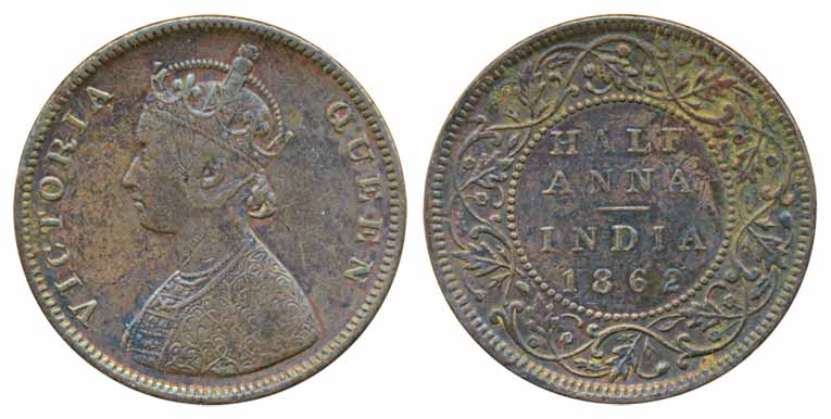 Victoria Queen, Copper ½ Anna, 1862. Very fine, scarce.