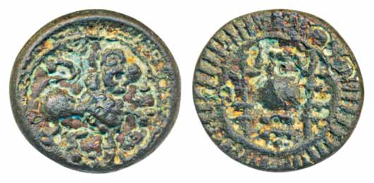 Vishnukundin, Potin, 9.36g,Obv: Lion with a raised paw within circular boarder, Rev: Conch