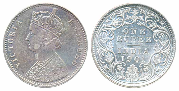 Victoria Empress, Silver Rupee, 1901, Calcutta Mint, A/I/C incuse (PR139). About uncircula