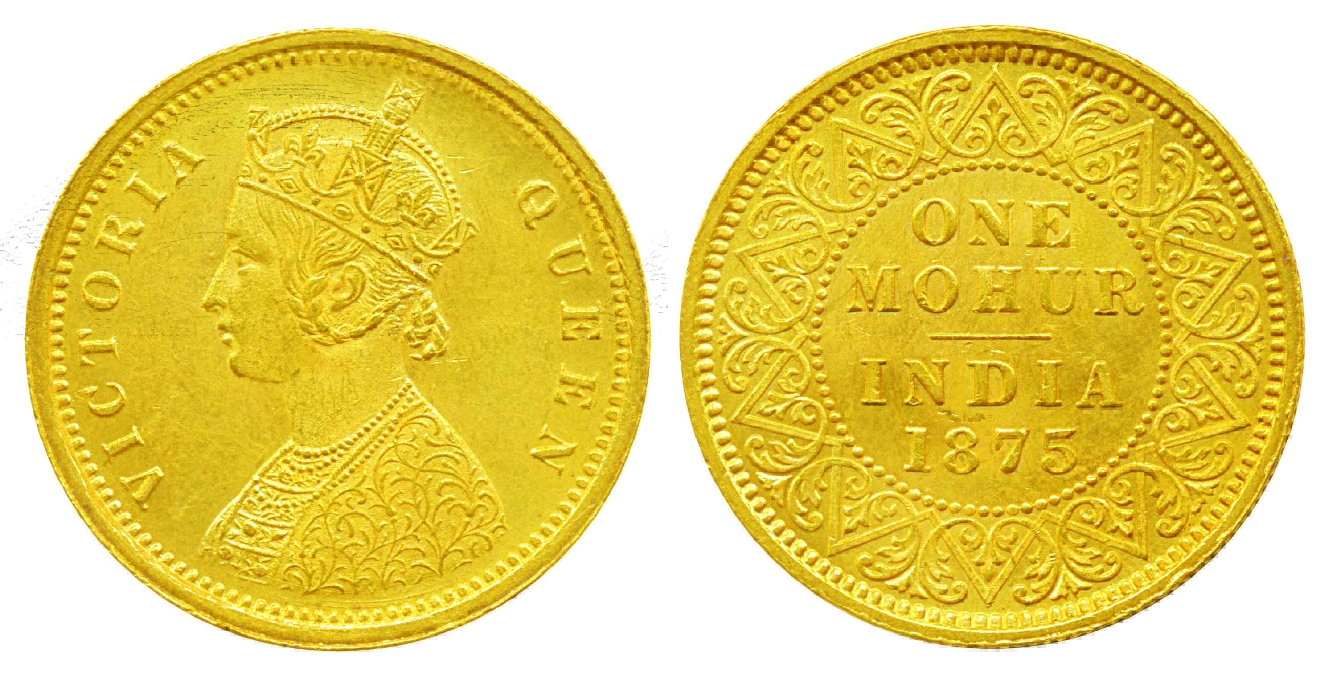 Victoria Queen, Gold Mohur, 1875, Obv: Crowned and robed bust, Rev: Value in English & yea