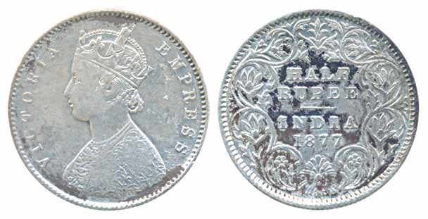 Victoria Empress, Silver ½ Rupee, 1877, Calcutta Mint, A/I, (PR 261). Very fine, rare.