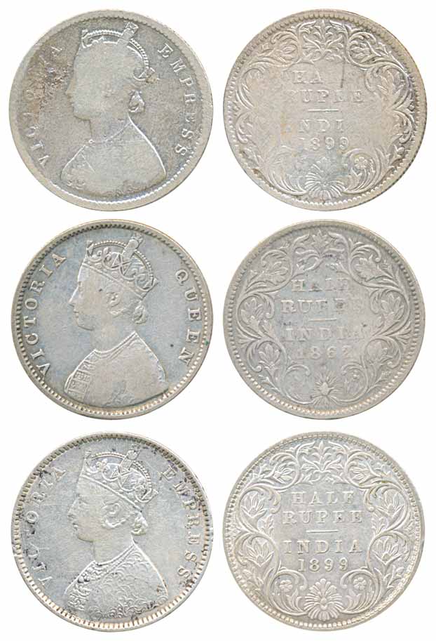 Victoria Queen & Victoria Empress, Silver ½ Rupees (3), 1862 (1) & 1899 (2). Fine to very 