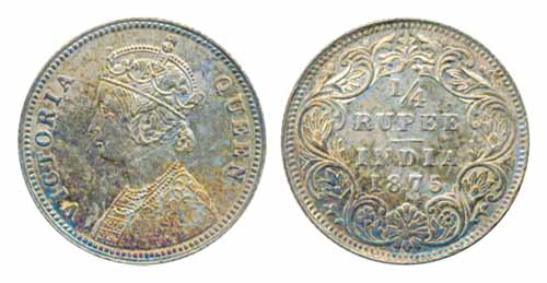 Victoria Queen, Silver ¼ Rupee, 1875, Calcutta Mint, A/I, (PR#380). Extremely fine, scarce