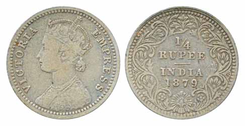 Victoria Empress, Silver, ¼ Rupee, 1879, Calcutta Mint, C/II/ C incuse, (PR384). Very fine