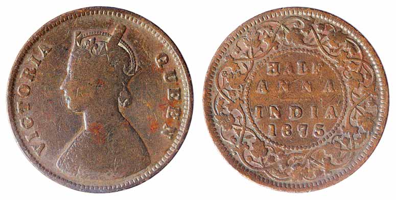 Victoria Queen, Copper ½ Anna, 1875, Calcutta Mint (PR583). Very fine, rare.