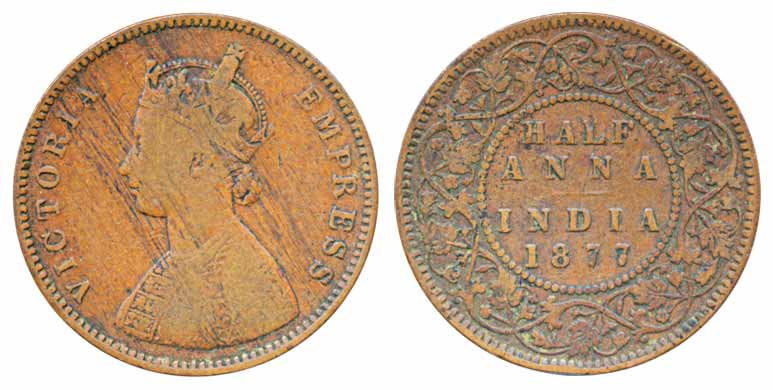 Victoria Empress, Copper ½ Anna, 1877, Bombay Mint, (PR586). Very fine, scarce.