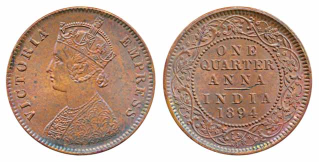 Victoria Empress, Copper ¼ Anna, 1894, Calcutta Mint (PR 627). About uncirculated, scarce.
