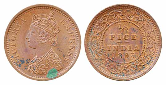 Victoria Empress, Copper ½ Pice, 1895, Calcutta Mint (PR728). About uncirculated, scarce.