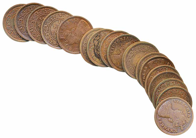 Victoria Queen and Empress, Copper (18), Complete Set, 1/2 Pice, 1862 to 1901. About Fine 