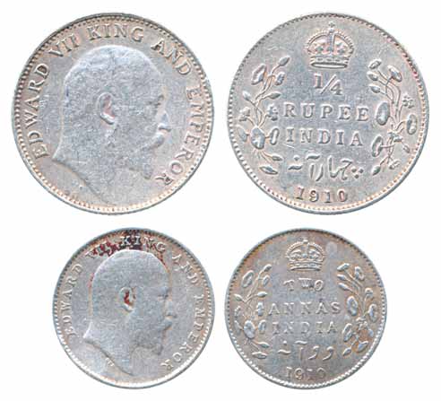 Edward VII, Silver (2), ¼ Rupee & 2 Annas, 1910. Very fine+, scarce.