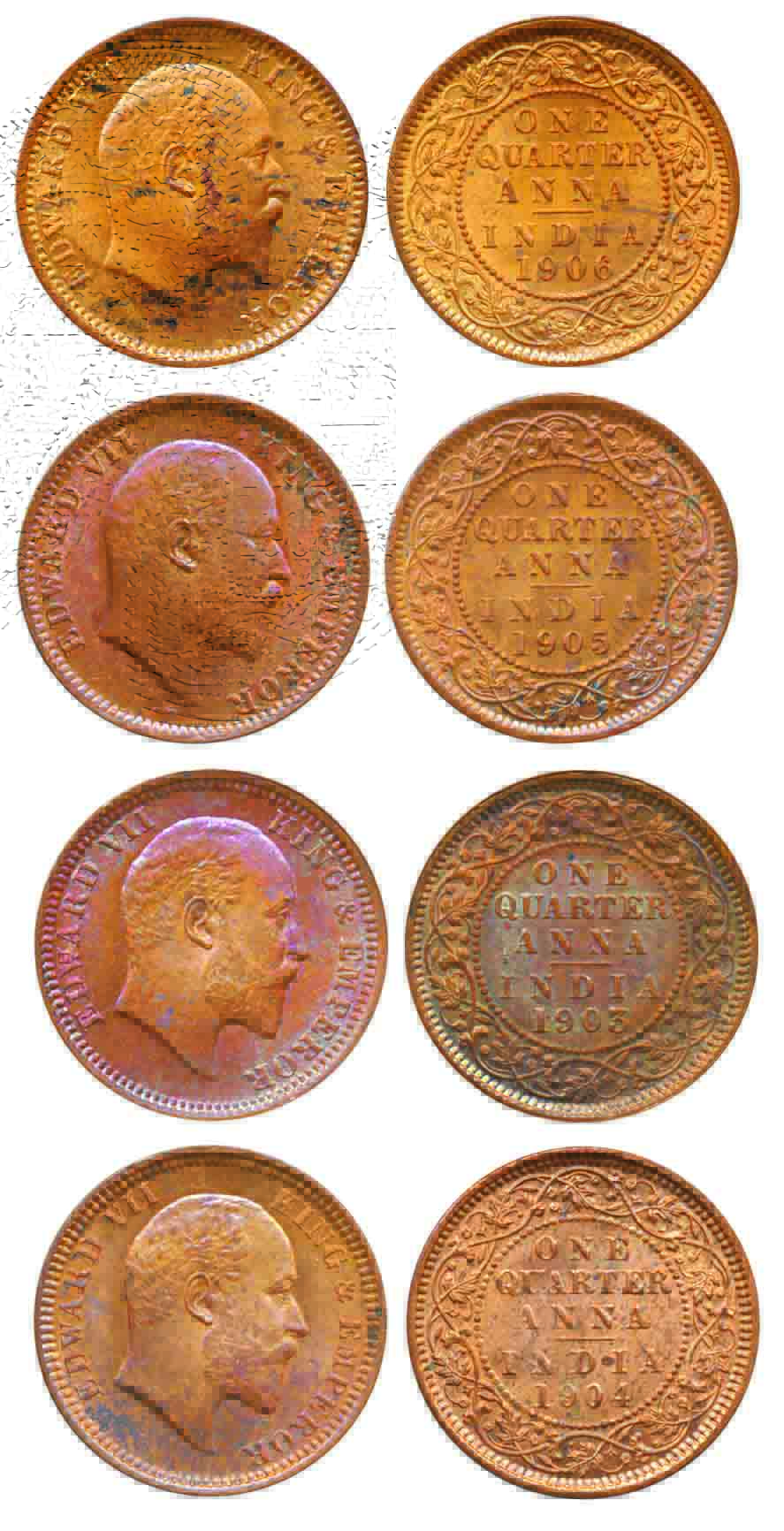 Edward VII, Copper ¼ Anna (4), 1903/ 1904/ 1905 & 1906. About uncirculated, scarce.4 coins