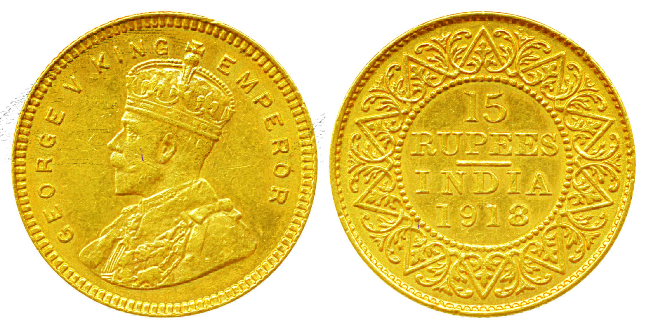 George V, Gold 15 Rupees, 7.98g, 1918, Obv: George V bust to left, Rev: Date& value in Eng