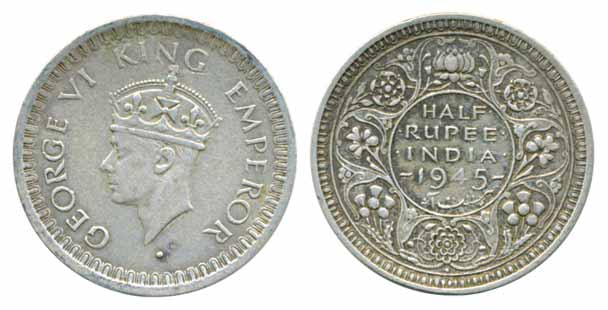 George VI, ½ Rupee, 1945, Bombay Mint, Large 5. Very fine, rare.