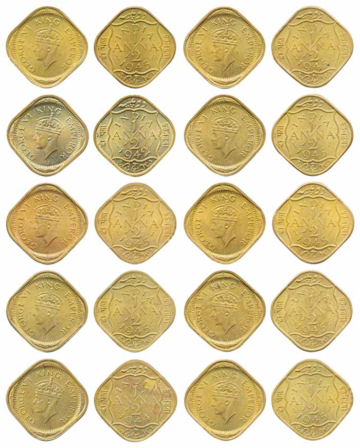 George VI, Copper Nickel, ½ Anna (10), various dates. About uncirculated. 10 coins.