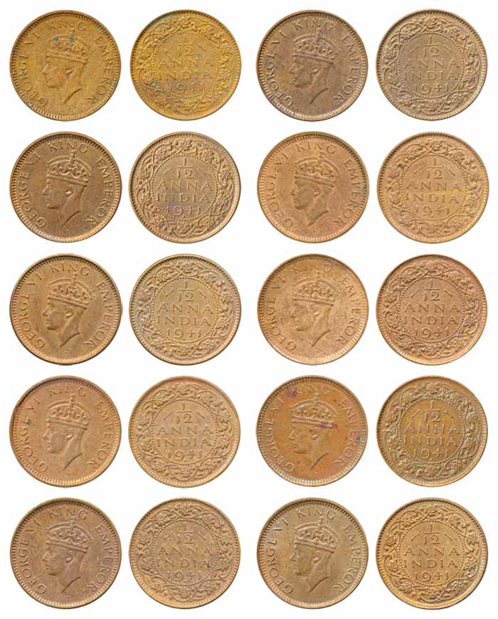 George VI, Bronze 1/12 Anna (10), 1941. Extremely fine to about uncirculated. 10 coins