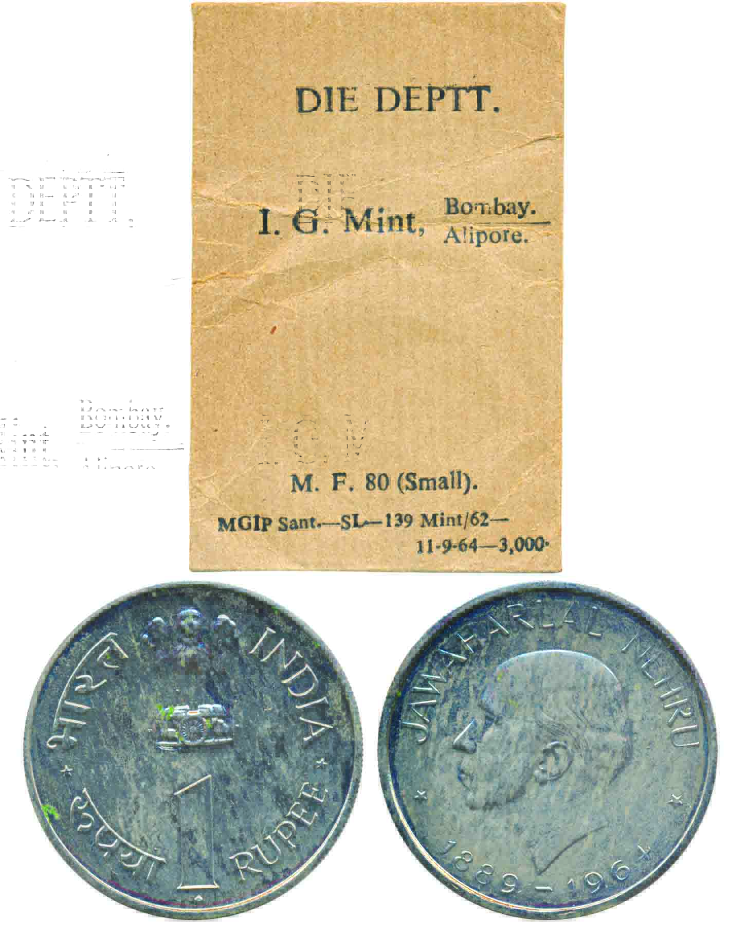 1964, Nickle Rupee 1, Proof, “Jawaharlal Nehru”, Bombay Mint, in original mint paper cover
