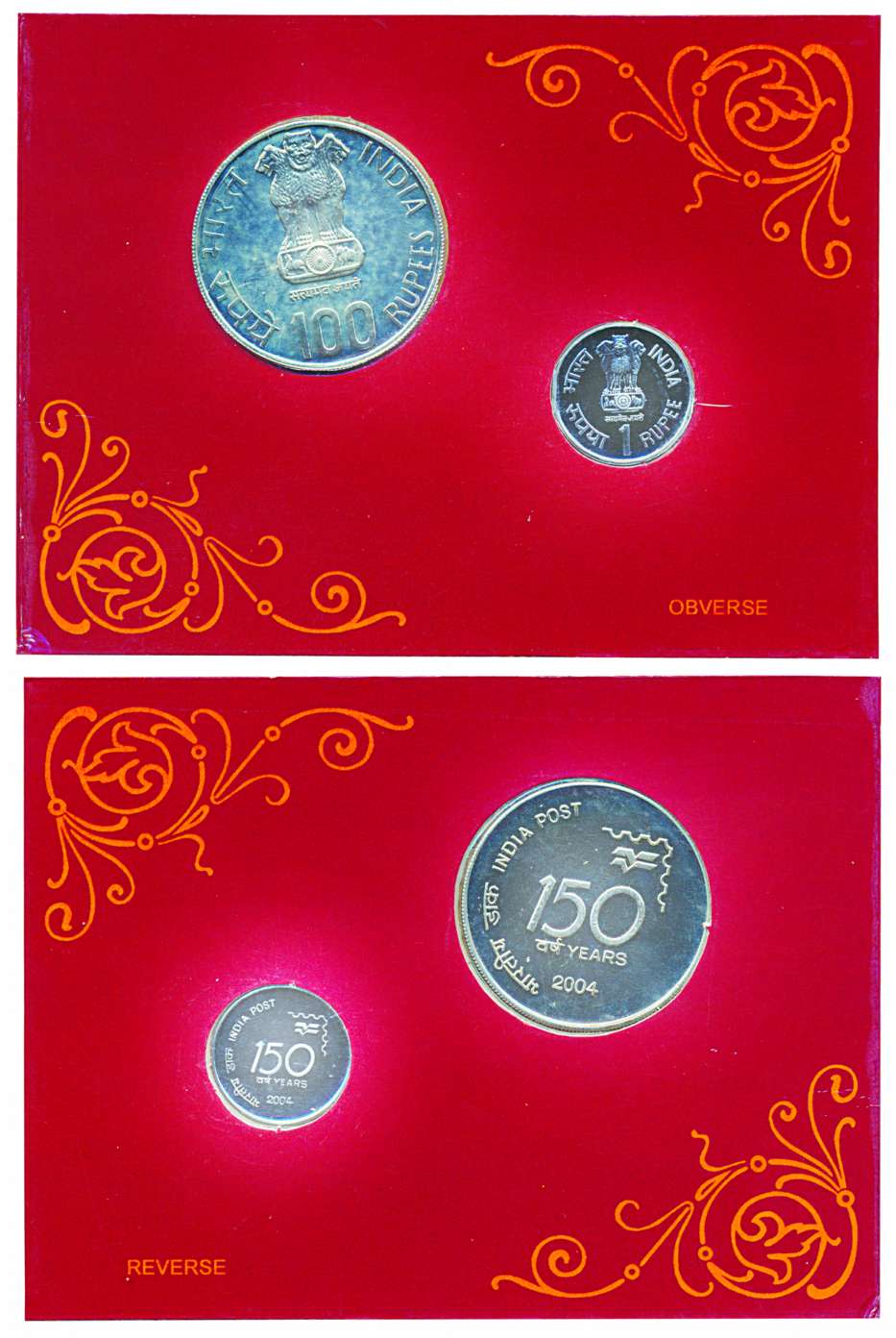 2004, “150 years of India Post”, Uncirculated set of 2 coins Rupees 100 & 1, in blister pa