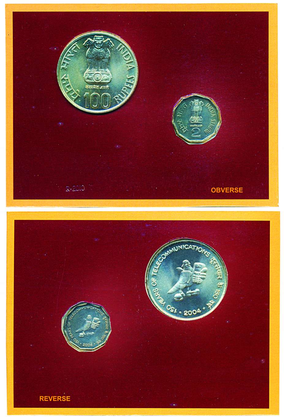 2004, “150 Years of Telecommunications”, Uncirculated set of 2 coins Rupees 100 & 2, in bl