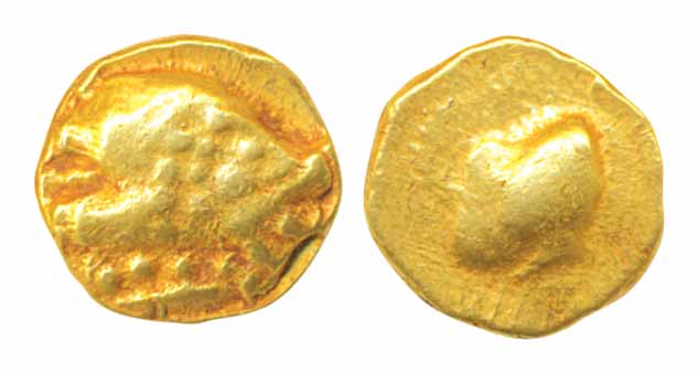Gangas of Talakad, Gold Elephant Fanam, 0.37g, Obv: An ornate elephant standing to right, 