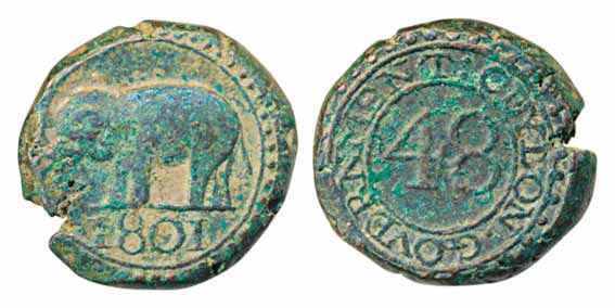Ceylon, Copper 1/48 Rix Doller, 12.34g, Obv: Denomination, Rev: Elephant left & date below