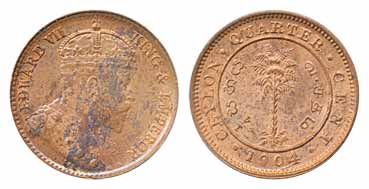 Ceylon, Edward VII, Copper ¼ Cent, 1904, Bust to right on obv. About uncirculated, rare in