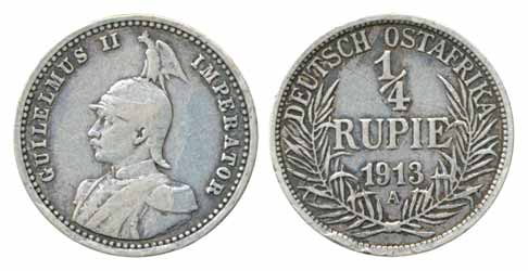 German East Africa, Silver ¼ Rupee, 1913, Berlin Mint. Very fine, scarce.