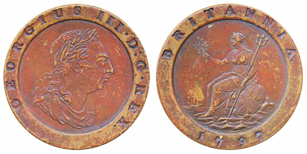 Great Britain, George III, Copper Cartwheel Penny,1797, Obv: Laureate bust to right, Rev: 