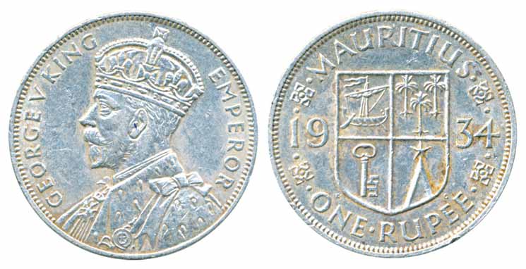 Mauritius, George V, Silver Rupee, 1934, Obv: bust to left, Rev: value & date. Extremely f