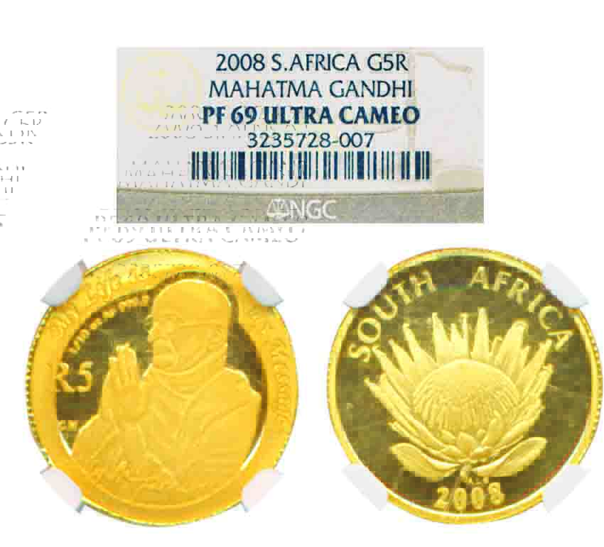 South Africa, Gold 5 Rand, Proof, 2008, “Mahatma Gandhi”, Graded by NGC as ultra cameo Pro