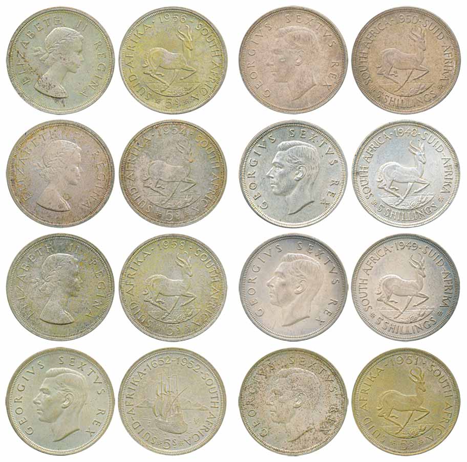 South Africa, Silver 5 Shillings (8), in the name of Elizabeth II (3), AD 1954, 1956 & 195