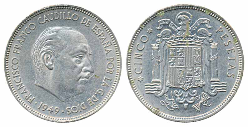 Spain, Nickel 5 Pesetas, 1949, Francisco Franco Caudillo De Espana Por La G. De Dios (KM# 