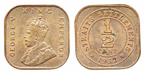 Straits Settlements, George V, Bronze ½ Cent, 1932, Obv: Bust to left, Rev: Value & date. 