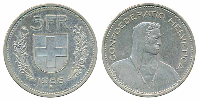 Switzerland, Copper-Nickel 5 Francs, 1986, Bern Mint, Confoederation Helvetica (KM# 40a.3)