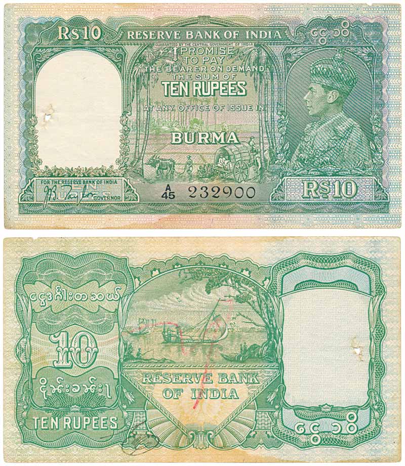 Burma, George VI, Rupees 10, Type 5, Signed J. B. Taylor, Prefix A/45 (Jhun 5.1). Veryfine
