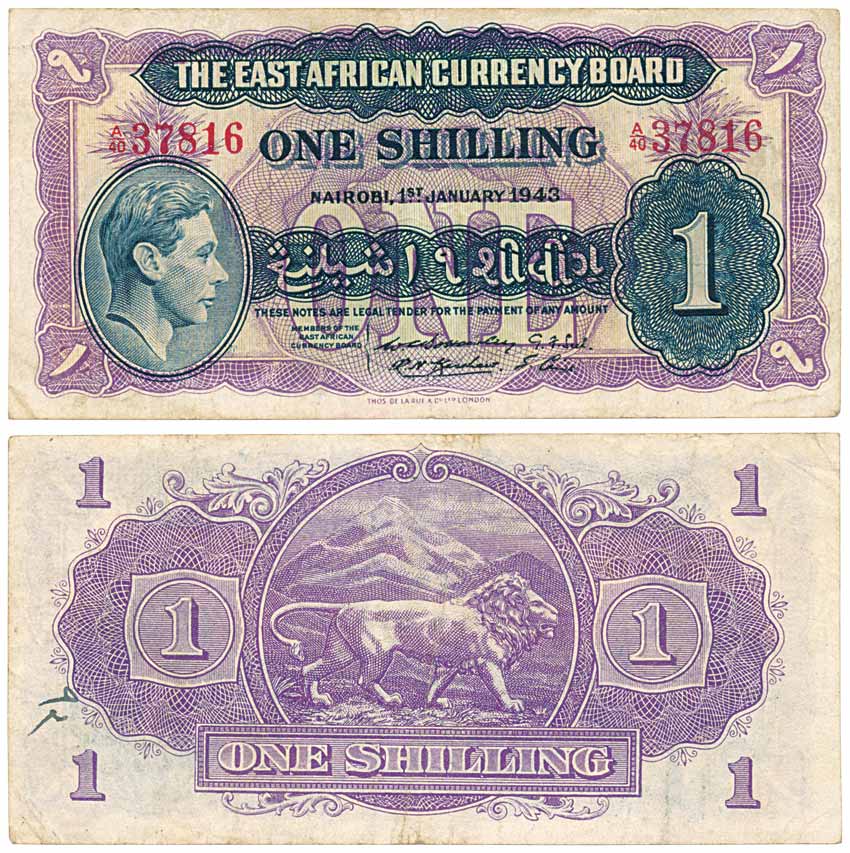East Africa, George VI, 1 Shilling, Dated. 1-1-1943, value in English, Arabic & Gujrati (P