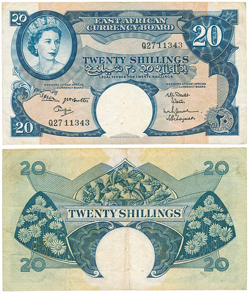 East Africa, Elizabeth II, 20 Shillings, value in English, Arabic & Gujrati (Pick# 43). Ve