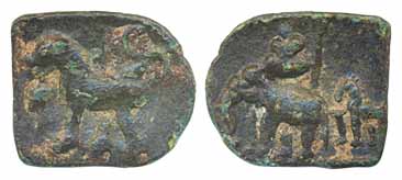 Sangam Chola, Copper, 1.15g, Obv: Lion standing left, Rev: Elephant to left, horse standin