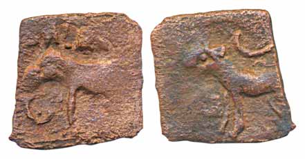 Sangam Chola, Copper, 1.19g, Obv: Elephant to left, Rev: Tiger to left. Very fine, scarce.