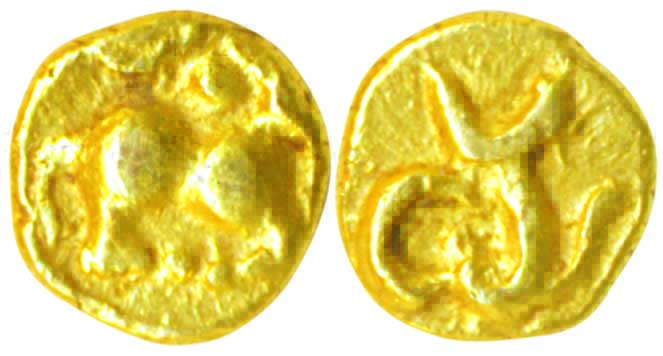 Kadambas, Gold ¼ Fanam,0.08g, Obv: Bull to left, Rev: Kanada letter “Ma”. Very fine, rare.