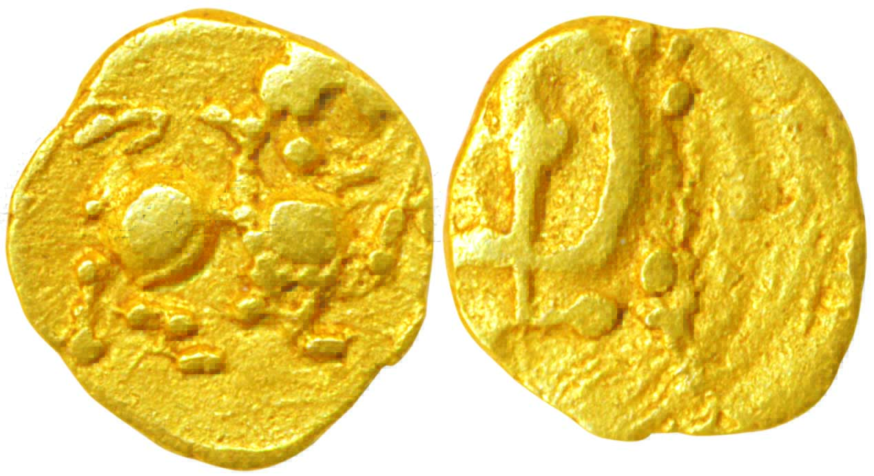 Kadambas, Gold Fanam,0.37g, Obv: Lion to right, Rev: Legend ?. Very fine, rare.
