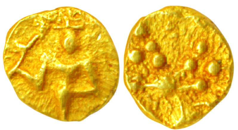 Hoysala, Gold ¼ Fanam, 0.11g, Obv: Lord Vishnu standing in front, Rev: Lion. Very fine, ra