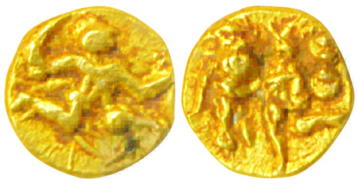 Feudatories of the Chalukyas of Kalyana, Gold Fanam, 0.09g, Obv: Running warrior, Rev: A L
