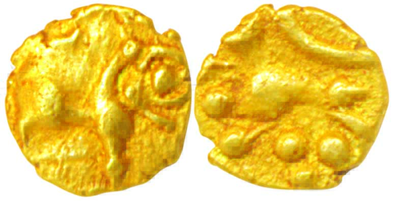 Hoysalas, Vishnuvardhana, Gold Fanam, 0.10g, Obv: Hoysalas lion, Rev: Better executed lion