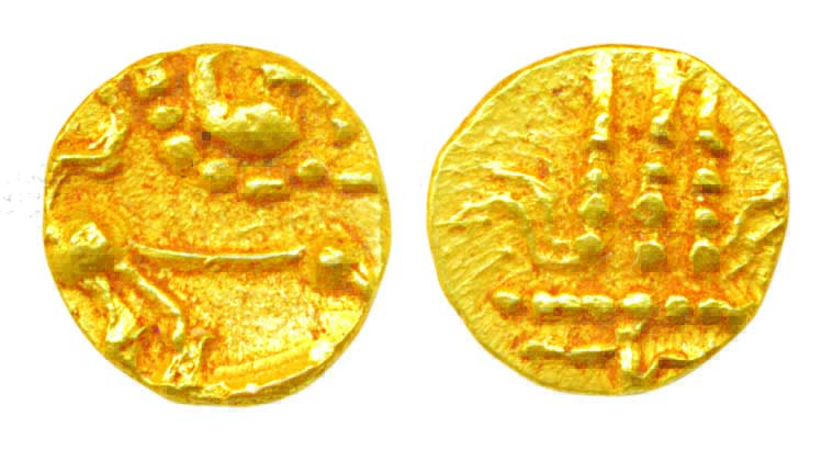 Medieval, Santara of Karnataka, Gold, Fanam, 0.38g,Obv: Lion facing right, Rev: Temple. Ve