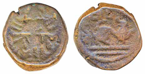 Vijaynagar, Sangam Age, Copper, 8.59g, Obv: Garuda kneeling to left in Virasana pose, hand