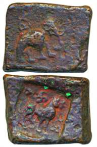 Taxila-local coinage, Copper, 14.24g, Obv: Punch-marked with horse to right, Rev: Elephant