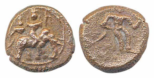 Nayakas of Tanjore, Copper, 1.80g, Obv: Standing warrior, Rev: King on elephant with his a