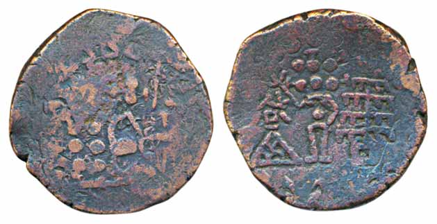 Yaudheya, Copper, 11.93g, Obv: 6 headed Kartikeya standing facing with spear, Rev: Goddess